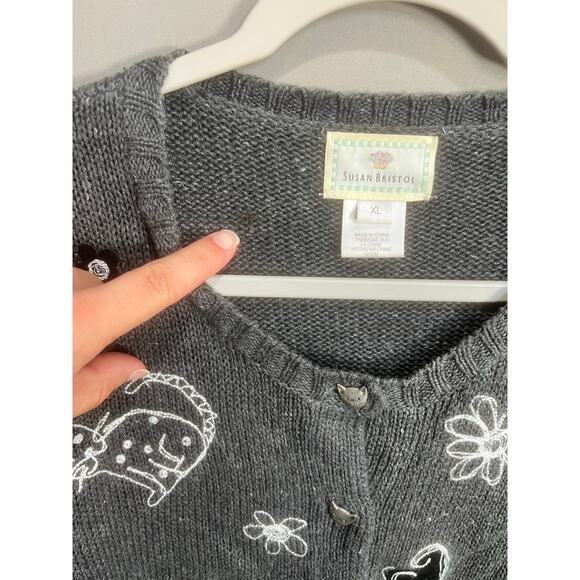 Susan Bristol VTG Embroidered Knit Cat Cardigan Button Up Sweater XL Coquette - Picture 12 of 16